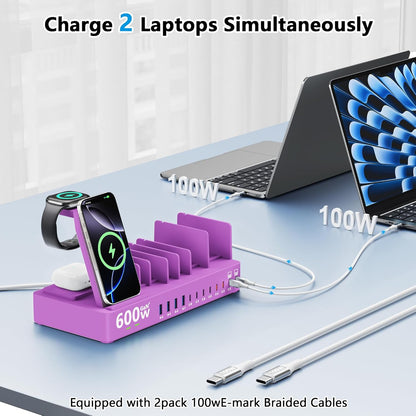 600w Charging Station for Multiple Devices, 15 in 1 Wireless Charging Station for Apple, Dual 100w USB C Tablet Charging Station for MacBook,iPhone,iPad,Tablet(Black)