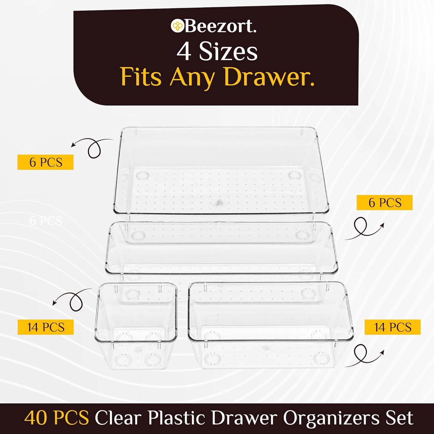 40 PCS Clear Drawer Organizer Set, BPA-Free PET Plastic Trays with Non-Slip Pads, Nesting Storage Organizers for Kitchen Drawer, Bathroom, Vanity Makeup, Office Desk