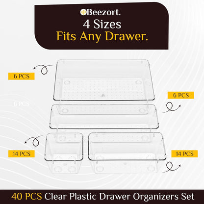 40 PCS Clear Drawer Organizer Set, BPA-Free PET Plastic Trays with Non-Slip Pads, Nesting Storage Organizers for Kitchen Drawer, Bathroom, Vanity Makeup, Office Desk