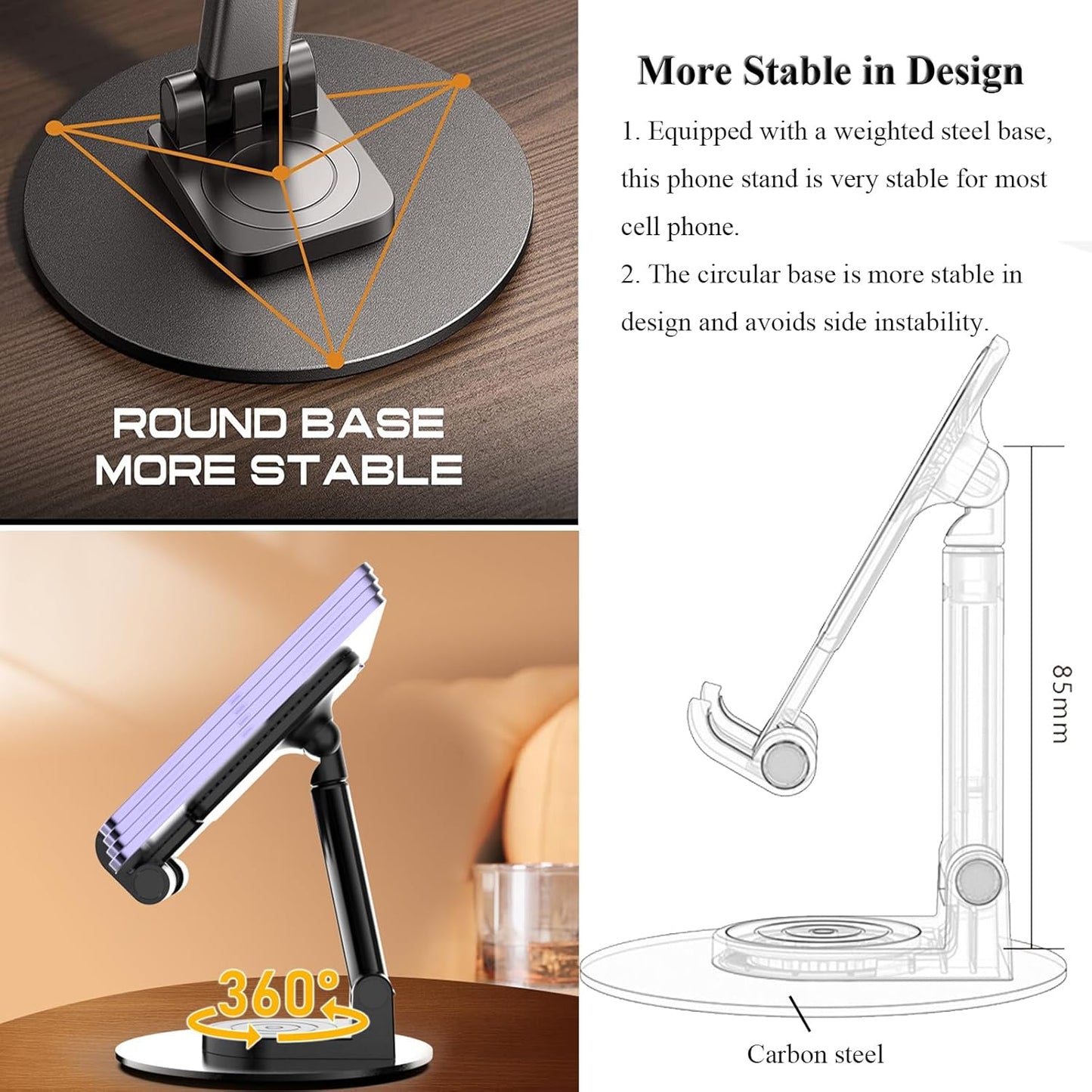 Meetuo Rotatable Cell Phone Stand for Desk, Height Angle Adjustable Phone Holder Portable Phone Stand Compatible for Most Smartphones iPhone 14, Pro, Pro Max, 13 12 X XS