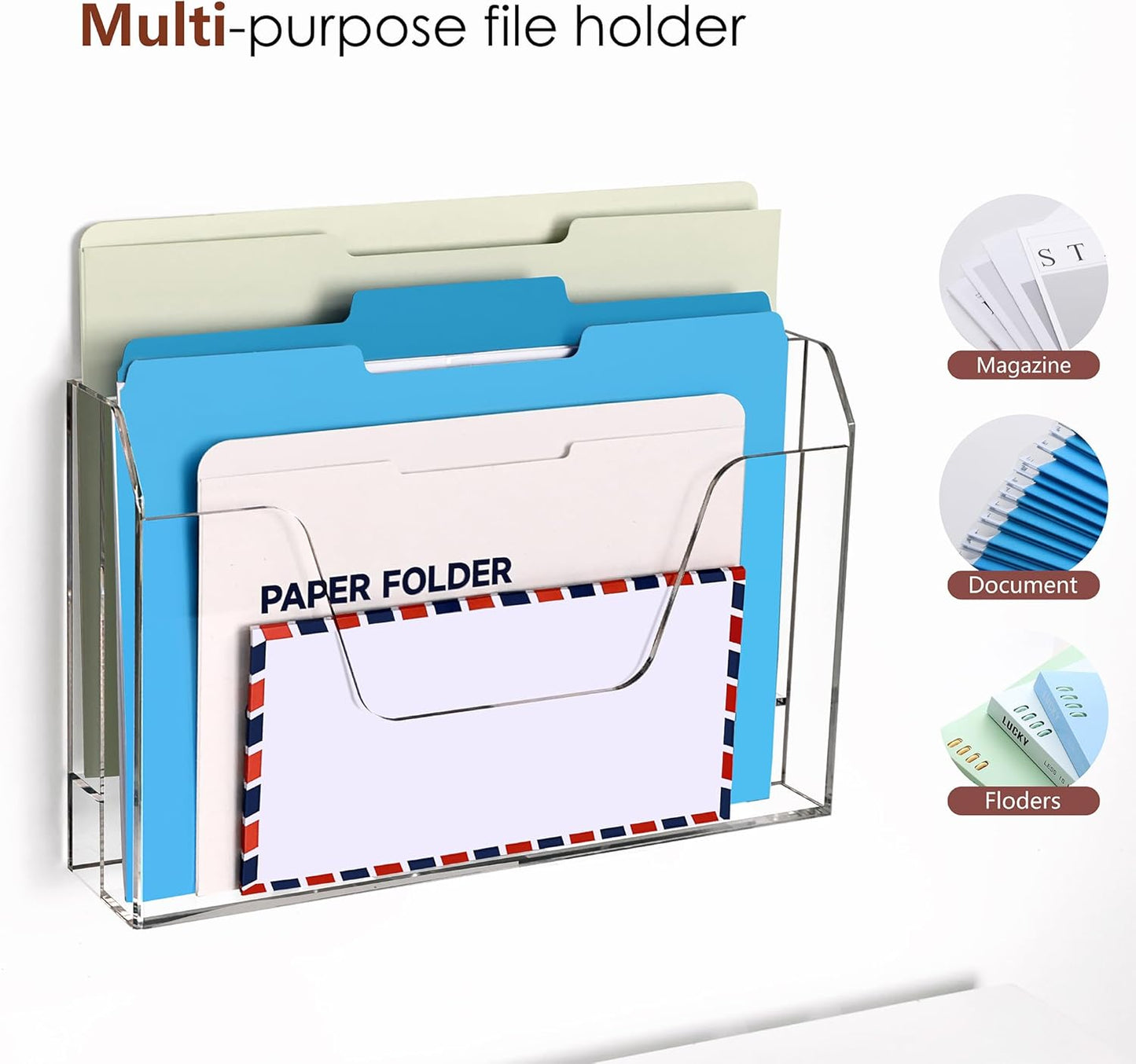 DINGHUO Acrylic Hanging Wall File Folder Organizer for Desk, Clear 3 Tier Document Paper Magazine Holder for Home, Office Organization, School - 1 Pack