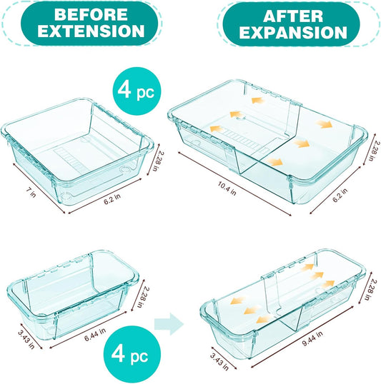 15 Pcs Extendable Clear Drawer Organizer, All Adjustable Vanity Storage Box, 2-Size Desk Drawer Organizer, Acrylic Storage Bins for Makeup, Cosmetic, Bedroom Dressers Tool Organizer for Gadgets