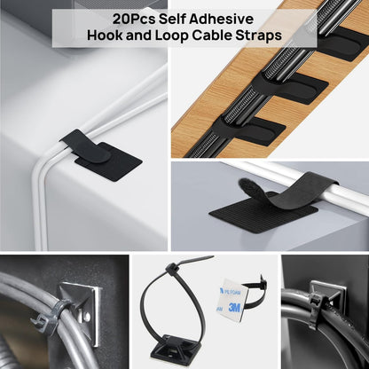 Cable Management Kit - 4 Cable Sleeve, 57 Self Adhesive Cable Clips, 12 Hanging Strips, 12 Cable Organizer Straps and 100 Fastening Cable Ties for TV Computer Under Desk (Black and White)
