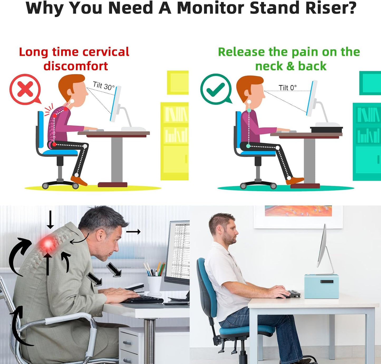 Marbrasse Monitor Stand Riser, 2 Pack 16.5 Inch 2 Tier Computer Monitor Stand, Printer Shelf Stand for Laptop Computer Screen Storagek,Desktop Stand with Phone Holder and Cable Management