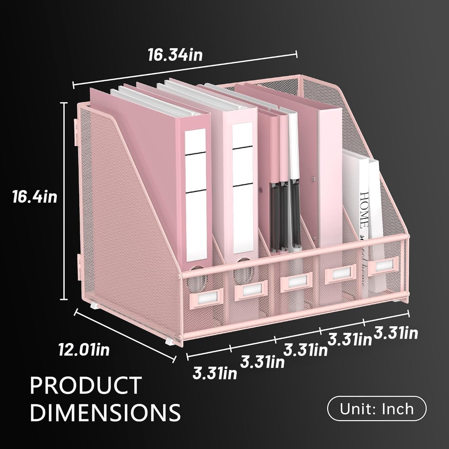DALTACK 5 Vertical Compartments Magazine File Holder, Binder Organizer, Metal Desk Organizers for Office Home School Classroom Organization, Black