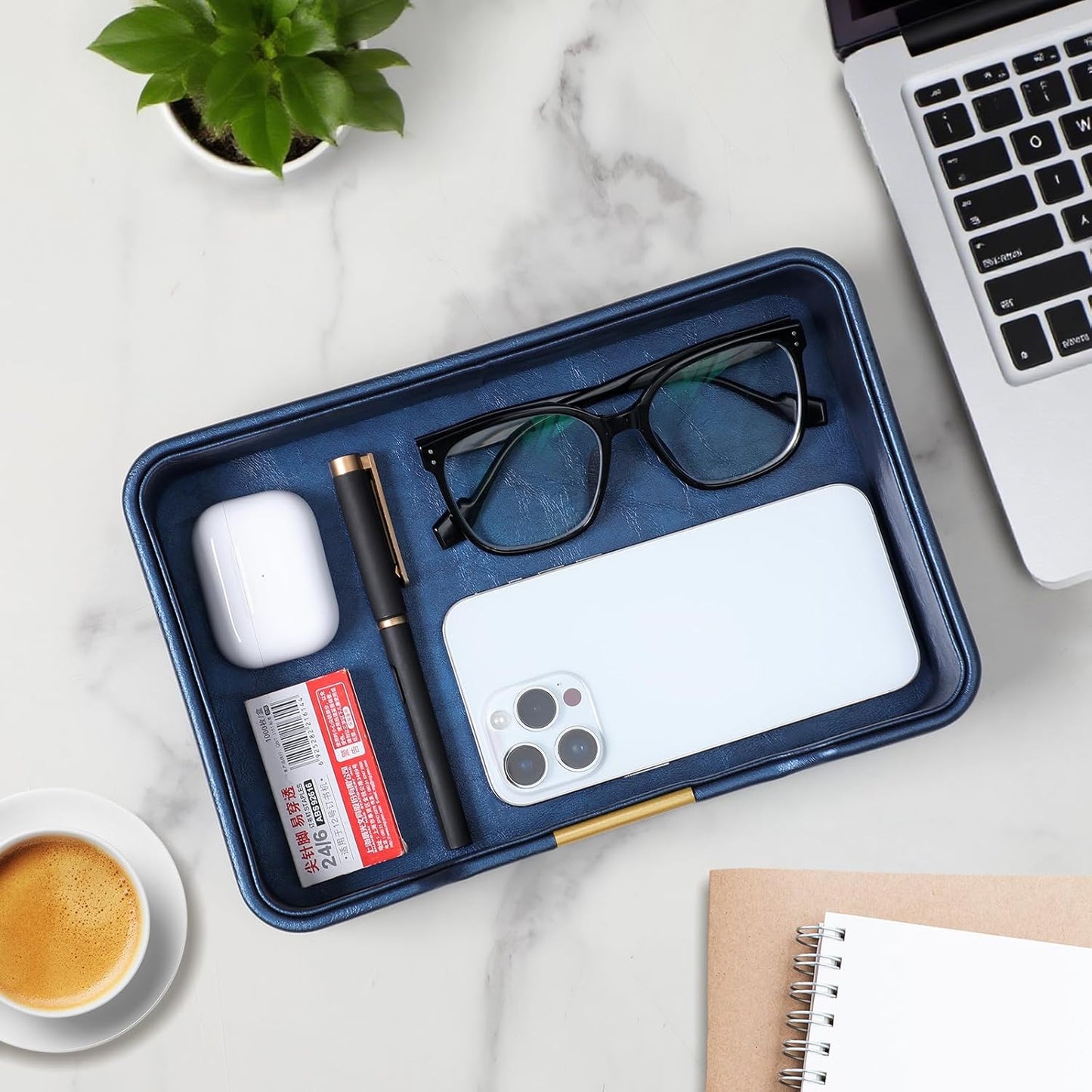 10.2" x 6.7" Nightstand Organizer Tray with Gold Accent, Decorative Valet Trays Cologne Organizer for Men, Key Bowl Perfume Trinket Tray for Dresser Bedside Entryway Table (Navy Blue)