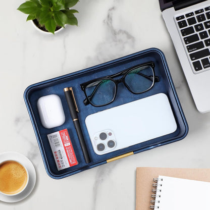 10.2" x 6.7" Nightstand Organizer Tray with Gold Accent, Decorative Valet Trays Cologne Organizer for Men, Key Bowl Perfume Trinket Tray for Dresser Bedside Entryway Table (Navy Blue)