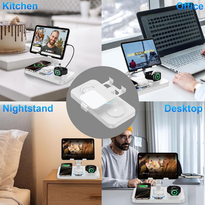 6 in 1 Wireless Charger for Apple Device, 30W Foldable Wired Charging for ipad with Clock & 7 Color Ambient Light, Nightstand Charger Station for iPhone 17/16/15/iWatch Series/AirPods 4/Pro 3(Purple)