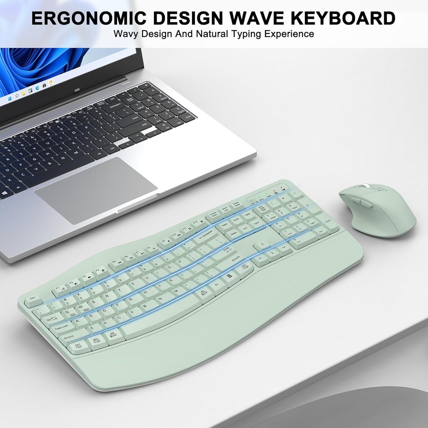 Wireless Keyboard and Mouse Combo, 2.4G Full Size Wave Keys Ergonomic Keyboard with Wrist Rest and 3-Level DPI Adjustable Wireless Ergonomic Mouse for Windows, Mac OS Desktop/Laptop/PC(Black)