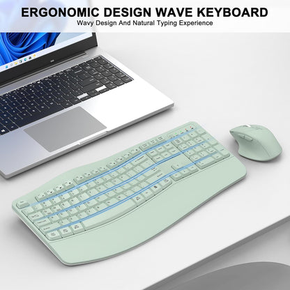 Wireless Keyboard and Mouse Combo, 2.4G Full Size Wave Keys Ergonomic Keyboard with Wrist Rest and 3-Level DPI Adjustable Wireless Ergonomic Mouse for Windows, Mac OS Desktop/Laptop/PC(Black)