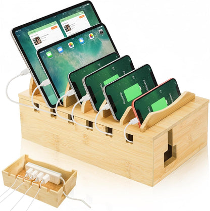 WRINGKIT Bamboo Charging Station for Multiple Devices, Desktop Charging Organizer with Removable Divider Slots, Docking Stations Stand for 6 Devices, Compatible with Tablets, iPads, Cell Phone, Laptop