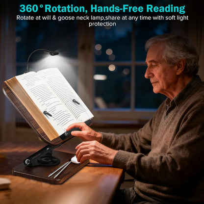 Book Stand with Light & Storage, Book Holders for Reading Hands Free, Wooden Cookbook Stand with Adjustable Height & 360 °Angle for Recipe,Magazine,Laptop,Tablet, Bible