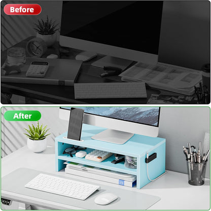 Marbrasse Monitor Stand Riser, 2 Pack 16.5 Inch 2 Tier Computer Monitor Stand, Printer Shelf Stand for Laptop Computer Screen Storagek,Desktop Stand with Phone Holder and Cable Management