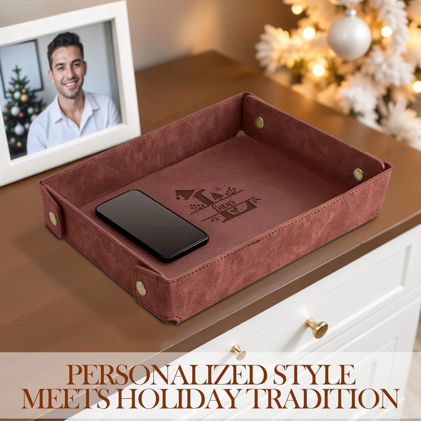 Engraved Leather Valet Tray for Men – Personalized Catchall with Custom Name for Desk, Dresser, Nightstand – Men's Organizer Tray for Keys, Wallet, Jewelry, Personalized Gift for Home, Office - Coffee