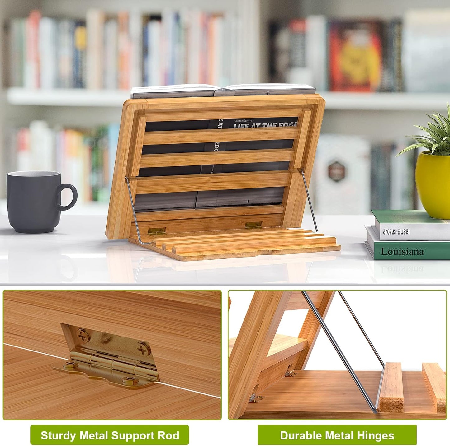 Wooden Desktop Book Stands, Adjustable Book Stand for Reading, Pezin & Hulin Cook Book Holder Seat, Bamboo Foldable Riser for Tablet, Recipe, Laptop with Page Clips