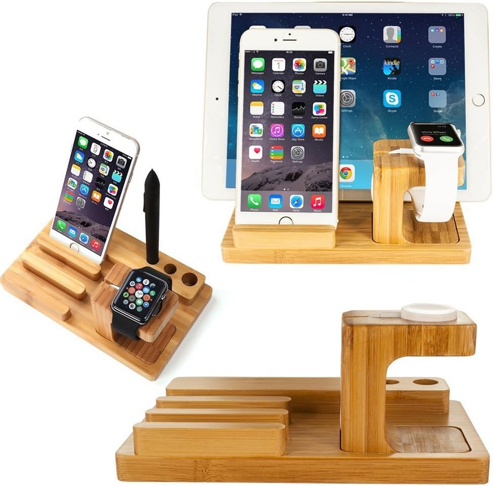 Bamboo Wood Multi-Device Desktop Charging Dock Station Charger Holder Cradle Charge Stand for iPhone 16 15 14 13 12 11 Pro Max iWatch 2 3 4 5 Compatible with iPad Mini Air Pro 2 3 Smartphones