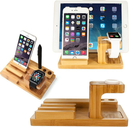 Bamboo Wood Multi-Device Desktop Charging Dock Station Charger Holder Cradle Charge Stand for iPhone 16 15 14 13 12 11 Pro Max iWatch 2 3 4 5 Compatible with iPad Mini Air Pro 2 3 Smartphones