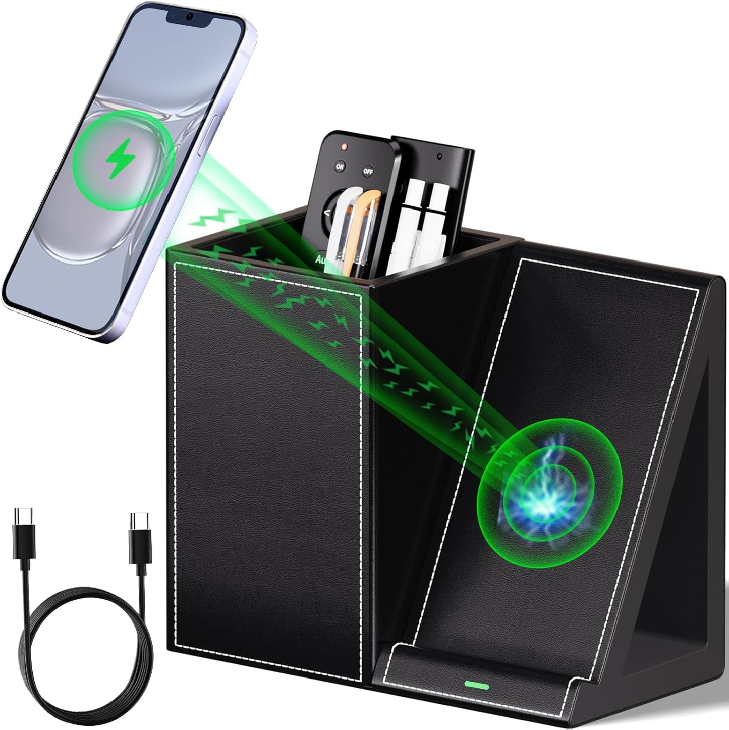 Multi-Functional Pencil Holder for Desk, Desk Organizers and Accessories with 4 Compartments for Office Art Supplies,Desk Phone Stand Charger for Desktop/Counter,Wihte Office Storage for Pens, Keys