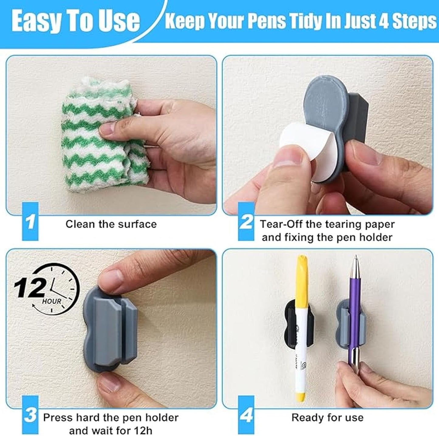6 Pack Adhesive Pen Holder - Self-Adhesive Silicone Organizer Set - Multifunctional Clips for Desk & Wall - Ideal for Adults and Kids, Office and Home Organization (6)