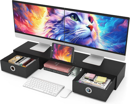 WESTREE Dual Monitor Stand Riser with Two Drawers, Extra Large Storage for 2 Monitors, Desktop Oraganizer Computer,Laptop,Screen,Printer,TV