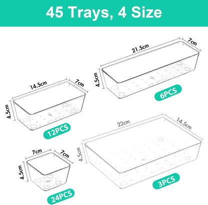 Clear Plastic Drawer Organizers Set of 45 Vanity trays Stackable Storage Bins Dividers Bathroom Organiser Storage Vanity Bins for Makeup, Kitchen Utensils, Jewelries, Office
