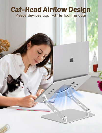 Aoviho Laptop Stand for Desk – Adjustable Aluminum Laptop Riser with Unique Cat-Shaped Cooling Vent, Portable Desk Gift & Decor, Compatible with MacBook Air Pro, Dell, HP, Lenovo (10"-17.3"), Black