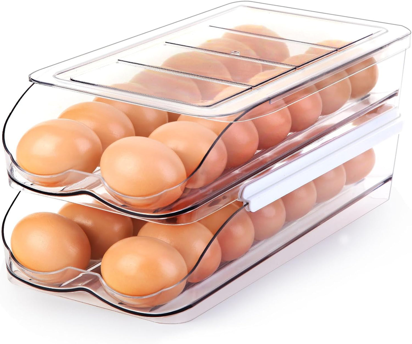 RoskDeewat Egg Holder for Fridge, Automatic Rolling Egg Container for Refrigerator, Stackable Fridge Organizers and Storage with Lid, Clear Plastic Egg Dispenser,Bin & Tray (1 Tier)