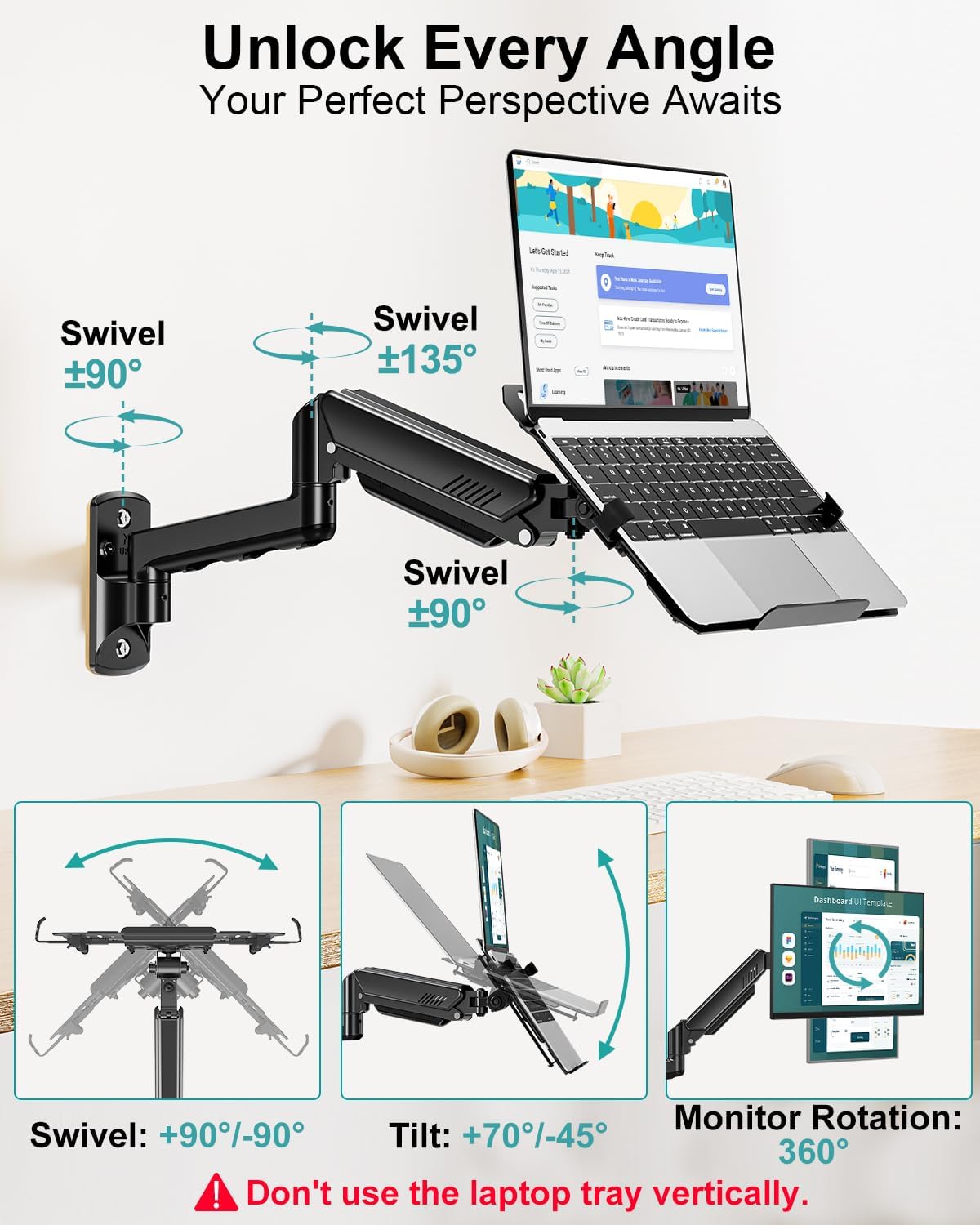 MOUNT PRO Laptop Wall Mount, 2-in-1 Monitor Wall Mount with Vented Tray for 11-17" Notebook/13-32 Computer Screen, Full Motion Adjustable Laptop Holder Stand, Gas Spring Laptop Arm Holds 4.4-22 lbs