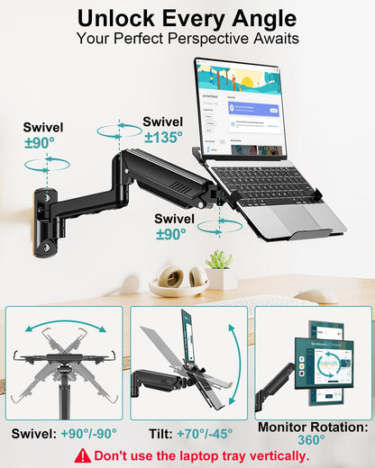 MOUNT PRO Laptop Wall Mount, 2-in-1 Monitor Wall Mount with Vented Tray for 11-17" Notebook/13-32 Computer Screen, Full Motion Adjustable Laptop Holder Stand, Gas Spring Laptop Arm Holds 4.4-22 lbs