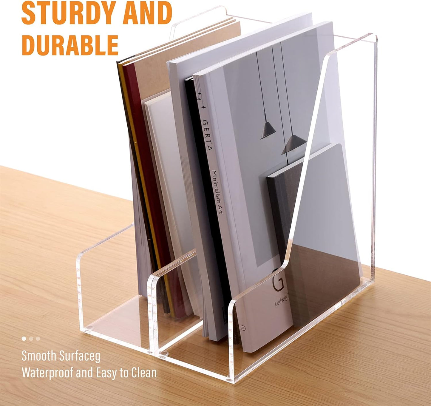 SANRUI Acrylic File Organizer, Clear Magazine File Holder Desk Organizer for Office Organization and Storage with 5 Vertical Compartments, Desktop Bookshelf for Home Office Organization