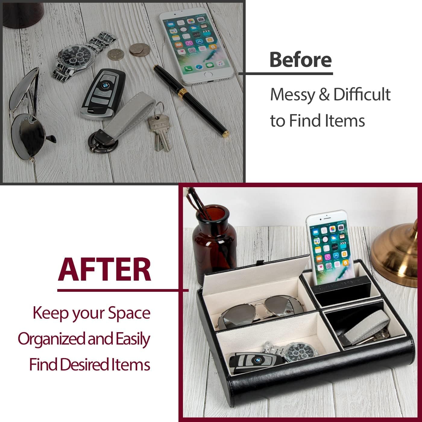 Valet Tray,Nightstand Desk or Dresser Organizer, Catch-All for Keys, Phone, Wallet, Coin, Jewelry, and More (Black / 10.34 x 2.15 x 8.19 inches) JackCubeDesign - :MK158