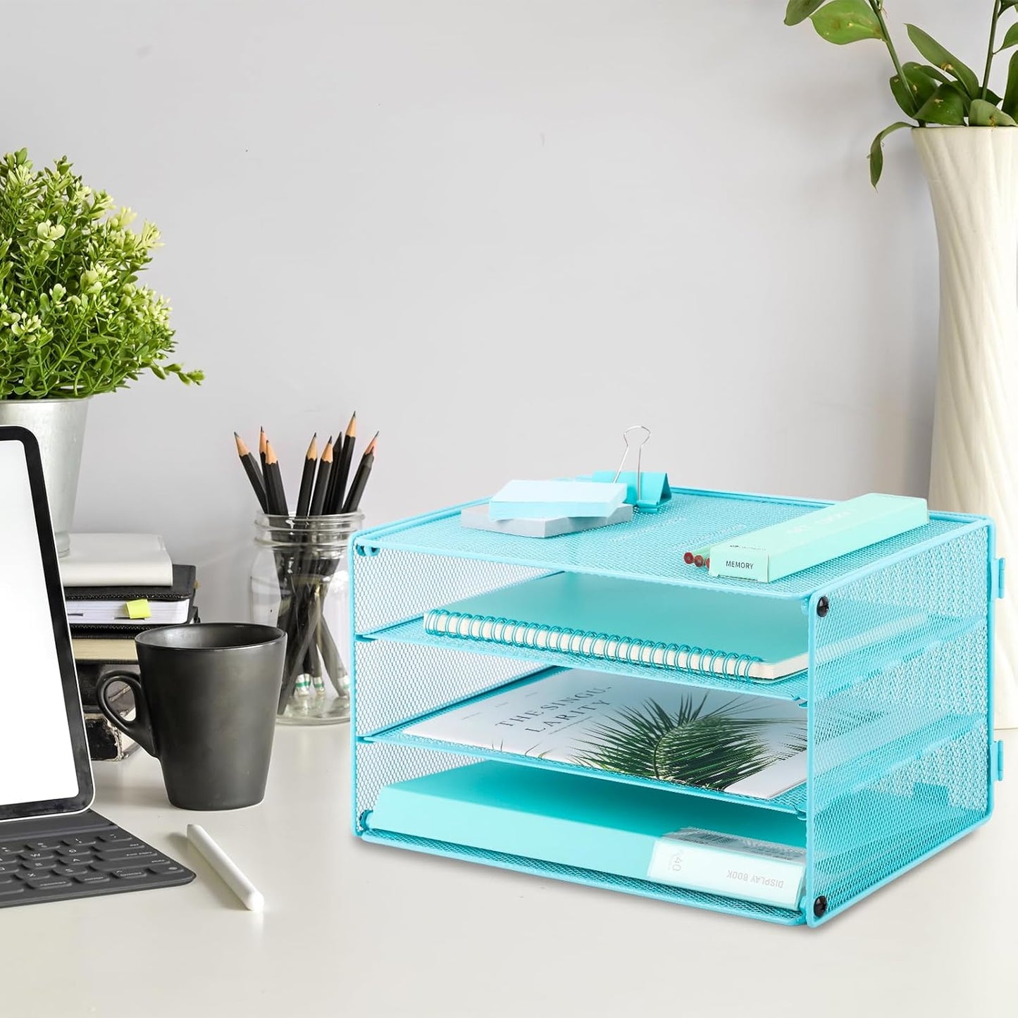 EASEPRES 3 Tier Mesh Desk Organizer Tray, File Paper Letter Folder Holder Desktop Paper Sorter Mail Organization Rack Storage Accessories, for Office Home School Classroom, Black