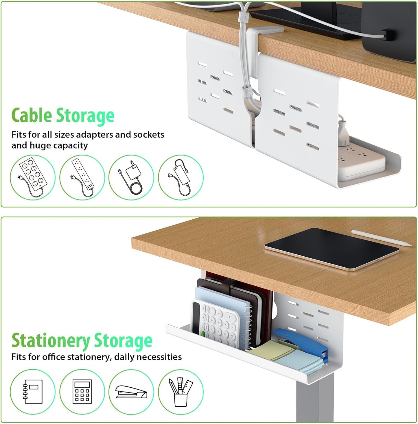 KEEGH 16" Under Desk Cable Management Tray, 2 Pack Desk Cord Organizer Upgrade Capacity, No Drill Clamp/Screws Mount, Cord Management Tray for Home Office, Gaming Desk, Standing Desk, Black