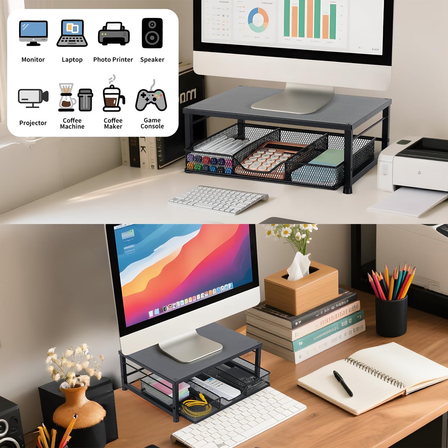 Small Laptop Stand for Desk, Monitor Stand Riser, Office Desk Accessories, Computer Desktop Stand with Drawer for Home, Office, School (Mint Green)