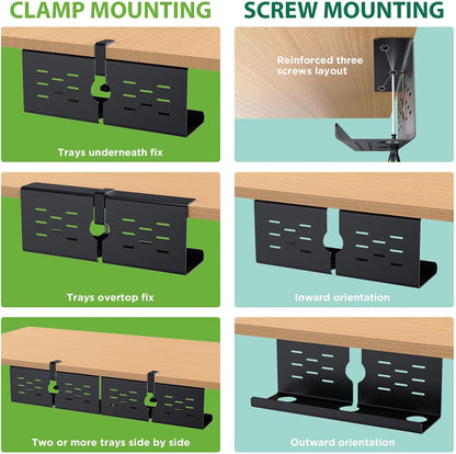 KEEGH 16" Under Desk Cable Management Tray, 2 Pack Desk Cord Organizer Upgrade Capacity, No Drill Clamp/Screws Mount, Cord Management Tray for Home Office, Gaming Desk, Standing Desk, Black