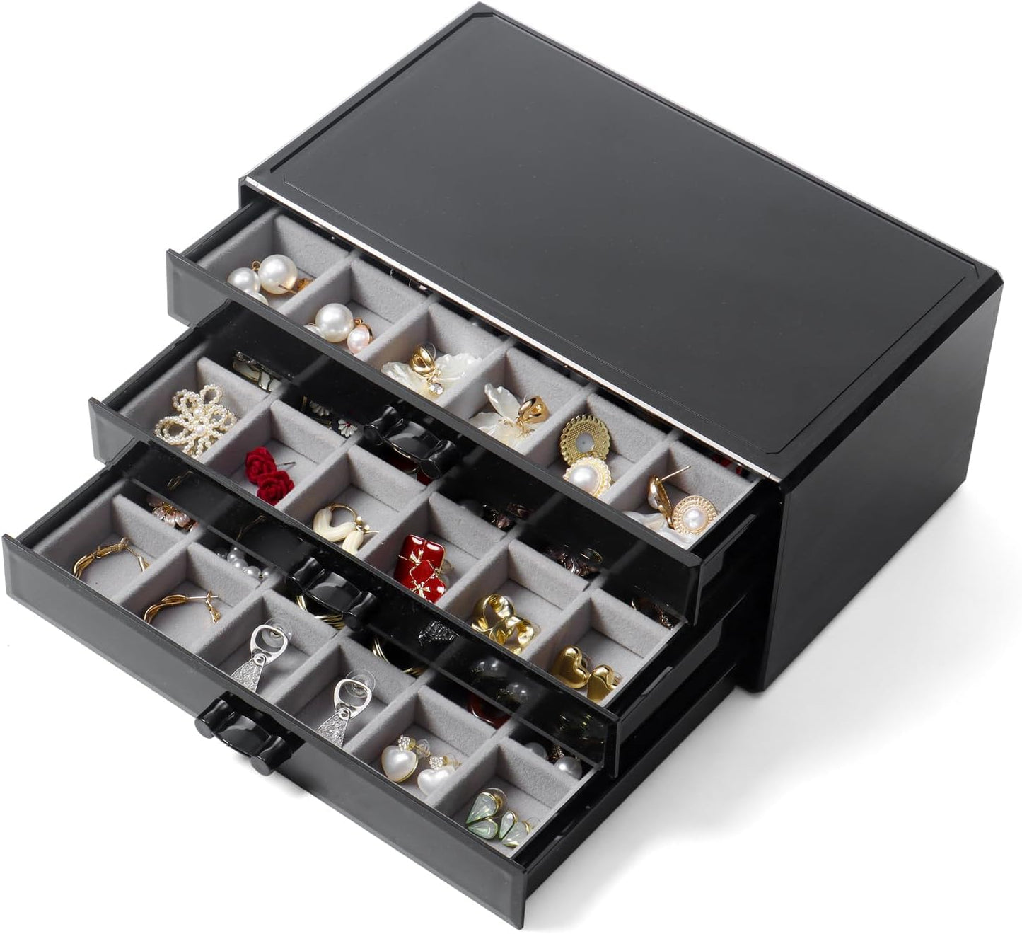 YUFONG Earring Organizer Box Acrylic Jewelry Organizer with 3 Drawers 54 Adjustable Grids Clear Stackable Earring Holder Velvet Trays Ring Display Case for Women Girls (Beige)