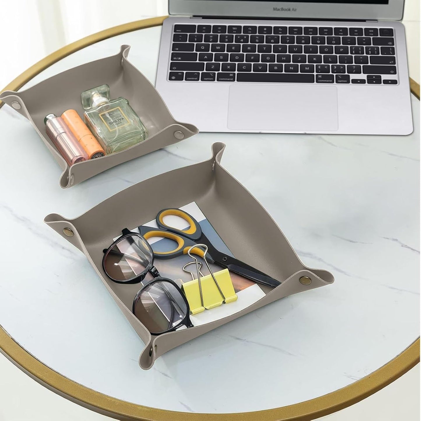 2 Pack (Size:9.84"&7.87") PU Leather Jewelry Valet Tray,Portable Entryway Table Nightstand Desk Tray Catchall Travel Plate Organizer for Phone, Keys, Wallet, Watch,Coin (Black)