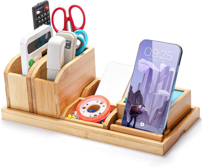 Cididu Bamboo Desk Vanity Tray, 7 Pieces Adjustable Pen Holder Stationery Caddy, Bathroom Vanity Organizer Set, Sturdy Countertop Tray Storage Boxes Office Supplies for Makeup Small Items Home Kitchen