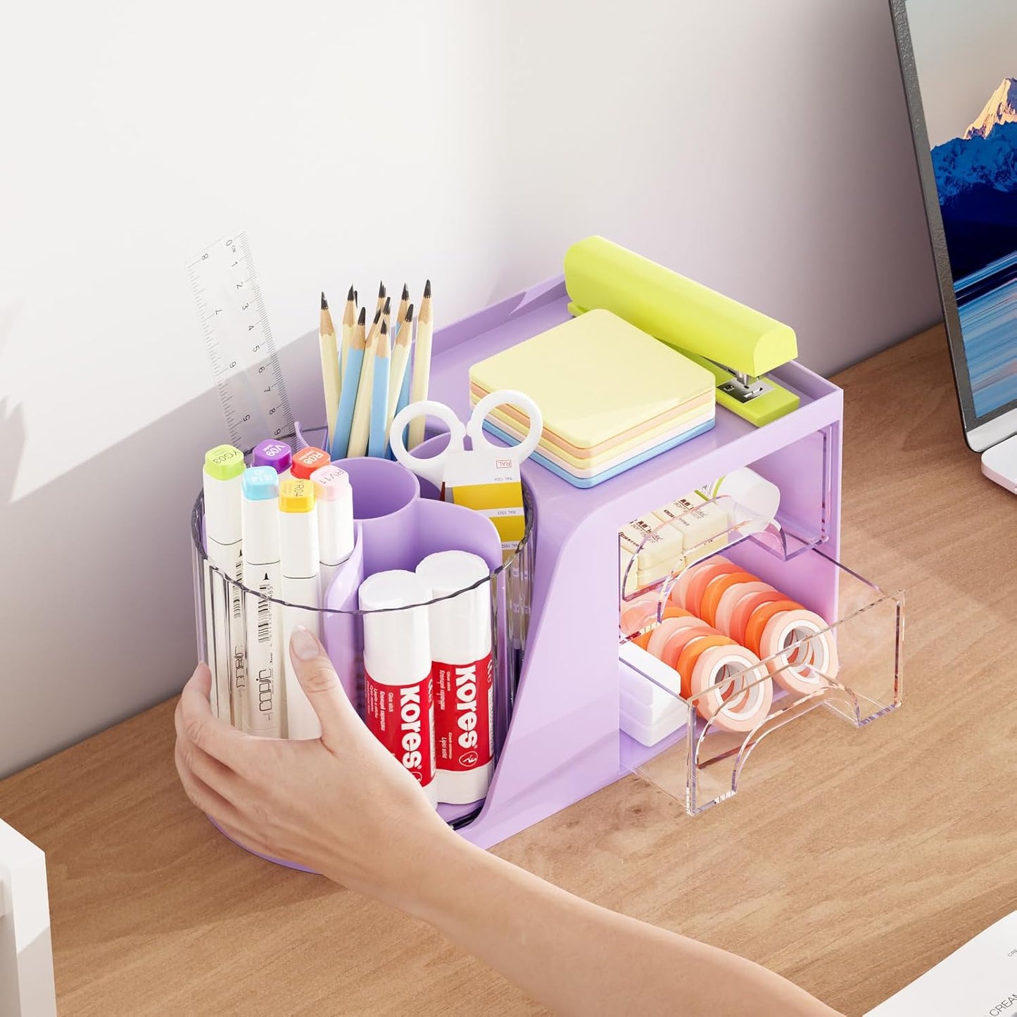 Marbrasse Desk Organizer with 2 Drawer, 360°Rotating Pen Holder, Desk Organizers and Accessories with 6 Slots Pencil Organizer + 2 Drawer, Art Supply Storage Box Caddy for Office (White)