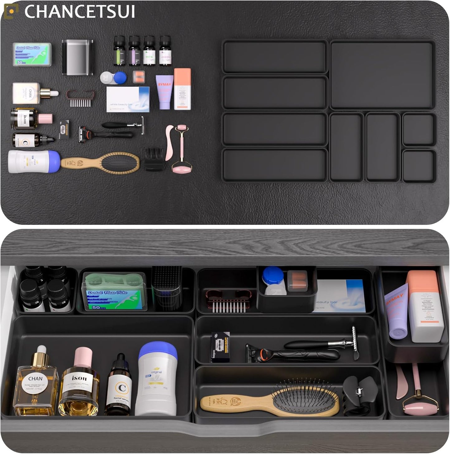 CHANCETSUI 9 Pcs Stackable Drawer Organizer Trays Set, Green, Multifunctional Storage for Vanity, Bathroom, Kitchen, Desk Drawer Organizer Office, PET Plastic