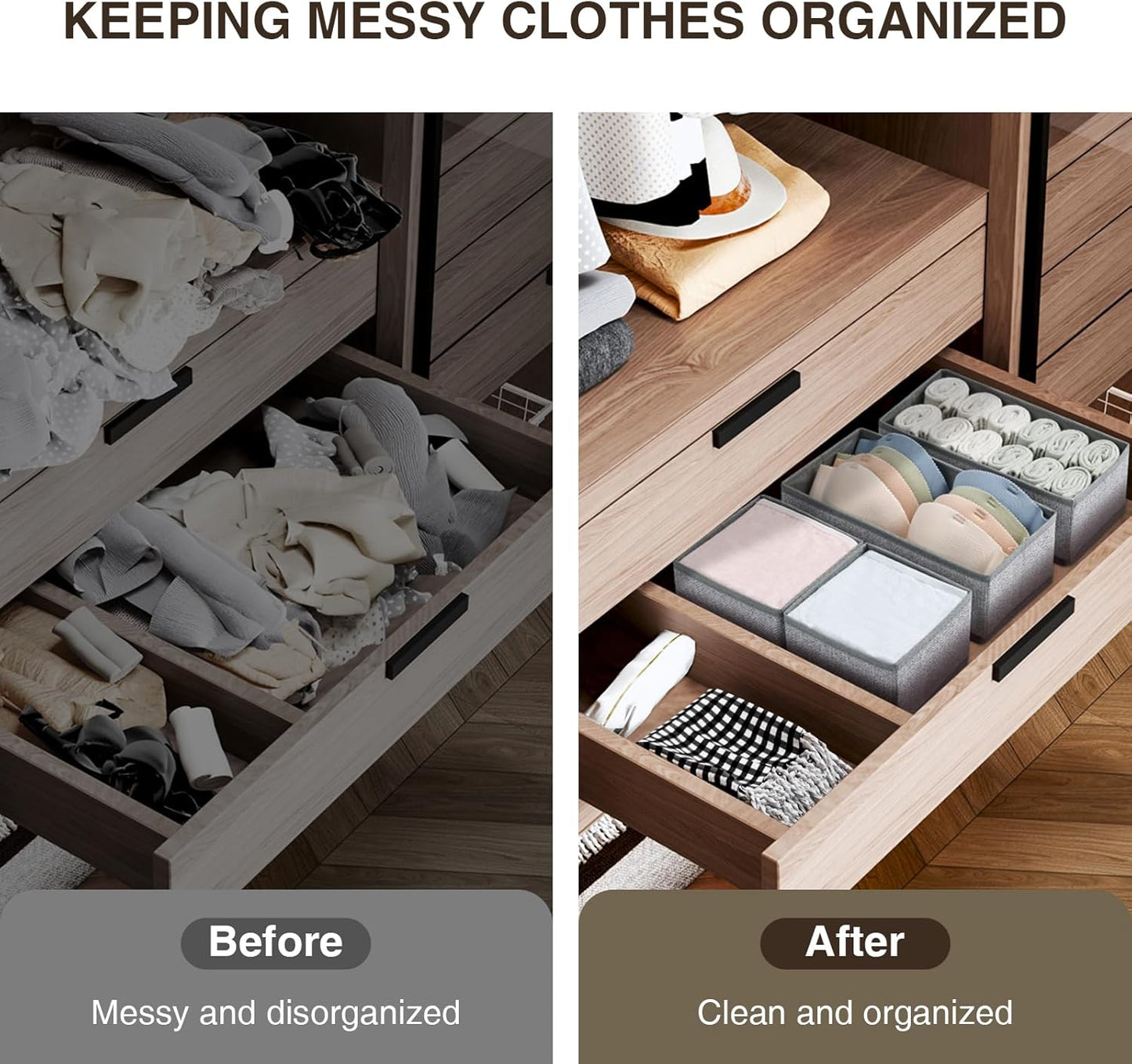 DIMJ Drawer Organizers Clothes, Dresser Organizer Bins for Baby Clothes,Underwear and Sock, Fabric Closet Organization and Storage Boxs, Drawer Dividers for Nursery, Clothing, Tie - 4 Pack, Beige