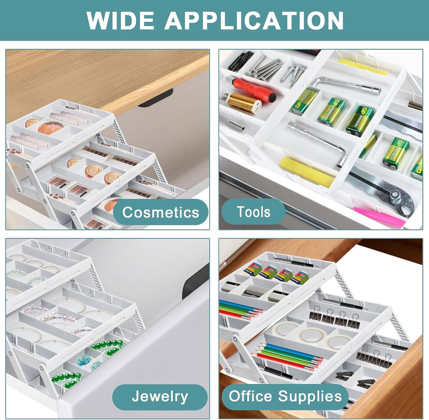 Aobiono Multi Level Smart Drawer Organizer, Multi Tier Expandable Storage Collapsible Foldable Trays for Jewelry, Cosmetics, Makeup, Tools, Battery (White, Single Row - 2 Levels)
