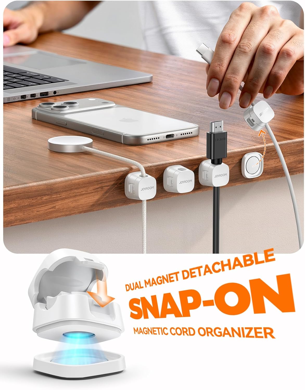 JOYROOM Detachable Magnetic Cord Organizer w/Secure Snap-Lock, 2-in-1 Adhesive& Magnetic Cable Clips, Auto-Fit Spring Management for φ1.5~8mm Cables, Under Desk Nightstand Home Office Car Wire Keeper