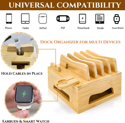 Bamboo Charging Station for Multi Devices, Small Desktop Docking Stand, Cell Phone Docking Station Charger Organizer for Tablets, Smart Watch (No USB Charger No Charging Cables)