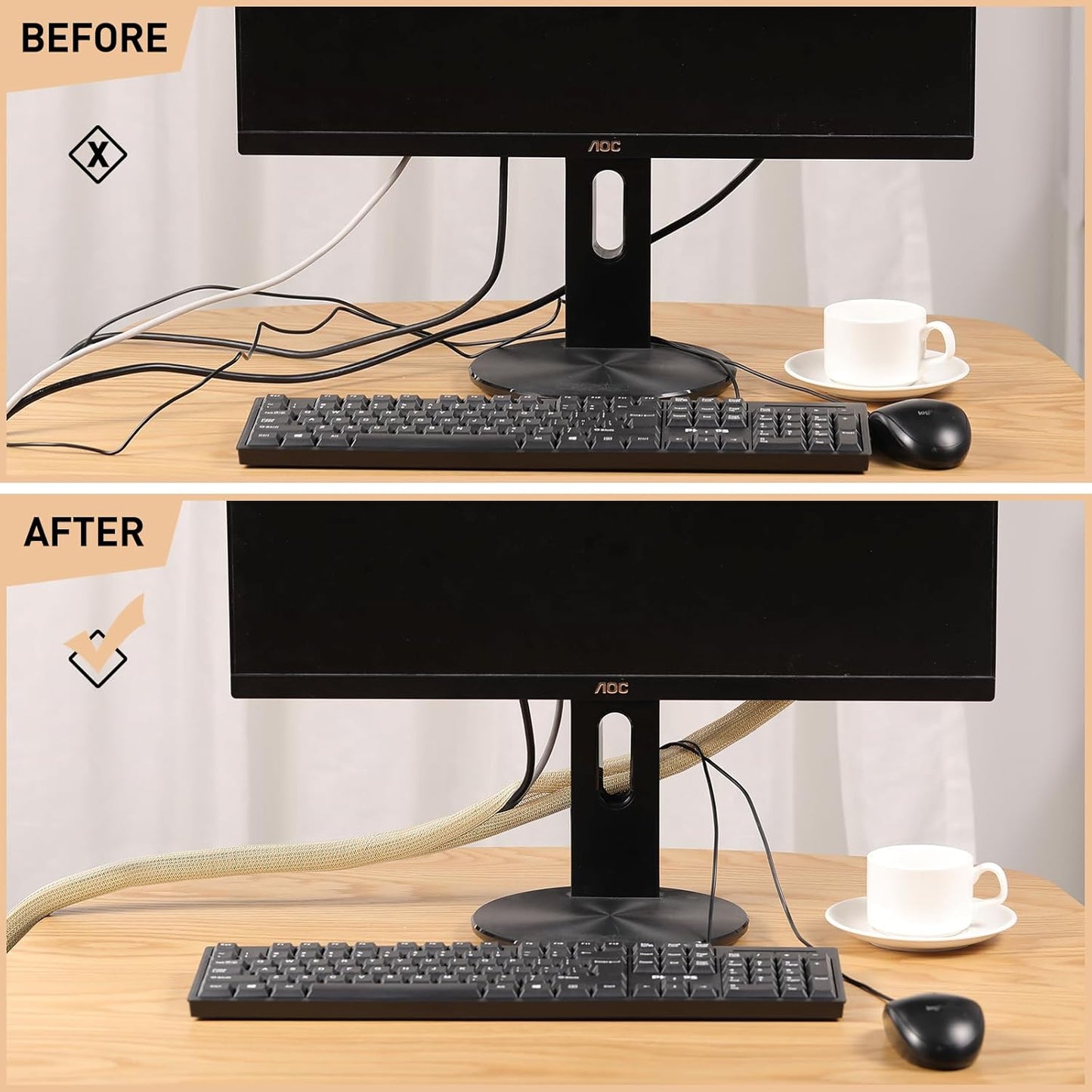 AGPTEK White Cable Sleeve, 2 Pack 5ft - 1.2 Inch Cable Management, Desk Cord Cover Organizer Wire Hider for Computer TV Wire Loom Tubing, Pet Proof Cord Protector from Cat Dog Chewing, White