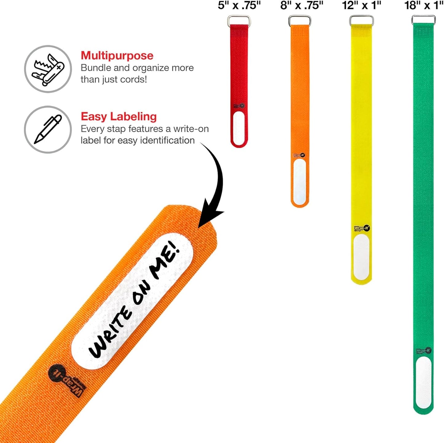 Wrap-It Storage Cinch-Straps, 5" 20 Pack (Red), Features Metal Buckle and Write on Label for Easy Cord Identification and Cable Management, Reusable Multi-Purpose Securing Cinch Straps