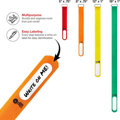 Wrap-It Storage Cinch-Straps, 5" 20 Pack (Red), Features Metal Buckle and Write on Label for Easy Cord Identification and Cable Management, Reusable Multi-Purpose Securing Cinch Straps