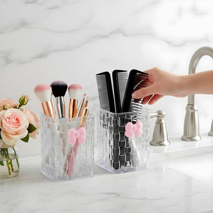 Acrylic Pen Holder for Desk, Cute Clear Makeup Brush Holders with Woven Texture and Bow, Transparent Pencil Organizer for Office Home School Cosmetic, Back To School Gift for Teachers Classmate
