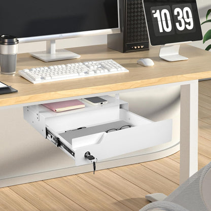 Under Desk Drawer Storage with Lock, Metal Undermount Table Drawer, Ball Bearing Slides Out Tray Organizer for Paper, Pencil, and Laptop 16"x11.8"x3.6", White