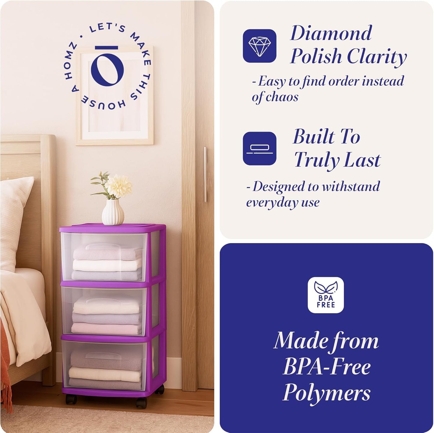 HOMZ Drawer Tower, 3-Tier Rolling Storage Cart with Removable Wheels, White Frame – Plastic Organizer with Clear Bin Drawers for Bedroom, Bathroom, Home Office, and Dorm Room